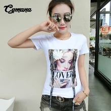 

CGmana T shirt Women 2018 Fashion Ribbon Short Sleeve Printed T-Shirt Summer Cotton T-shirt Female Slim Flowers Casual Tops Tees