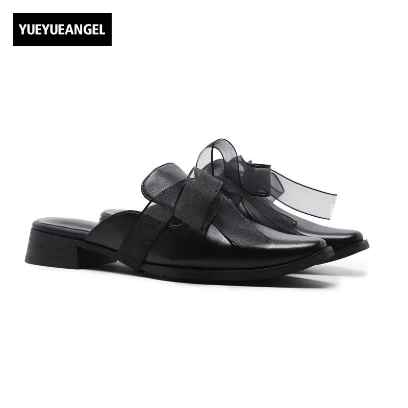 

2018 New Italian Lace Bowknot Sandals Women Genuine Leather Ladies Black Slip On Loafer Slippers Summer Fashion Streetwear Shoes