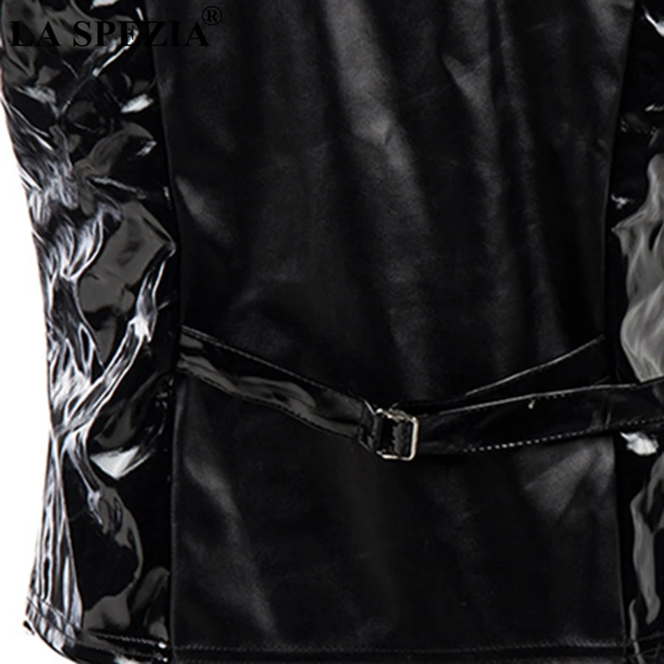 LA SPEZIA Black Vest Mens Biker Slim Fit Gilet Male Rock Stage Costume Show Patchwork Bright Pu Leather Solid Spring Waistcoat
