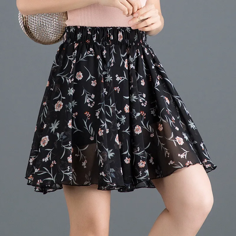 Для женщин с цветочным рисунком плиссированная летняя юбка Высокая Талия Короткие Шифоновая юбка Для женщин s Jupe женские пляжные пикантные