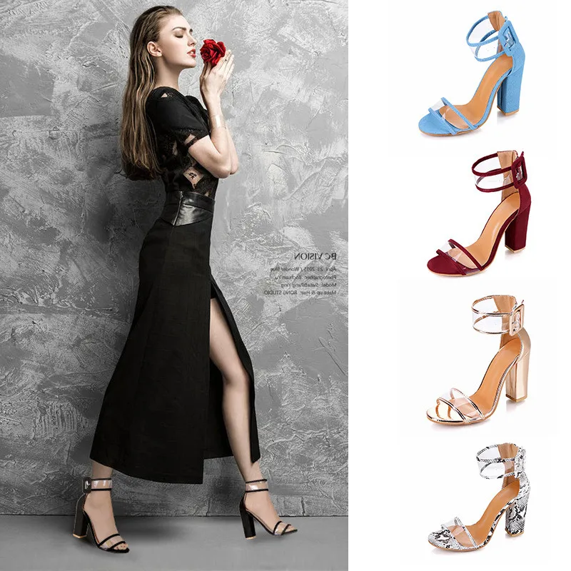

2019 women's sandals sexy high-heeled simple style transparent PVC striped buckle high-heeled sandals women's shoes large size43