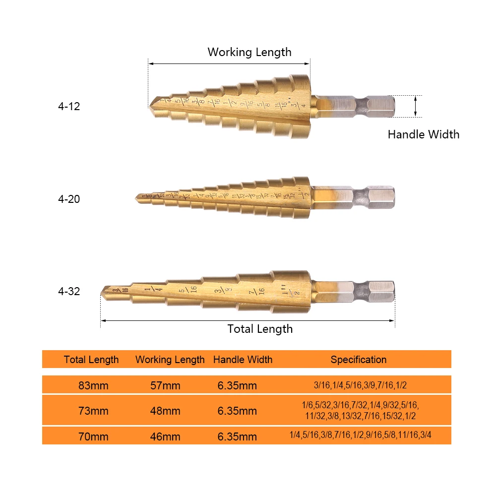 JelBo 3PCS/Set 3/16-1/2 1/4-3/4 1/8-1/2 Step Drill Bit Set  Titanium Coated HSS Hex Shank Step Drill Bit by Power Tool for Metal