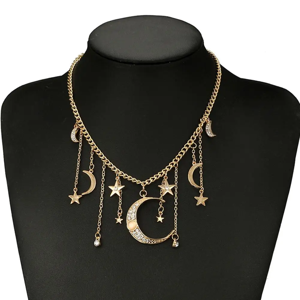 Women Boho Shiny Rhinestone Star Moon Tassel Charm Pendant Collar Necklace Gift | Украшения и аксессуары