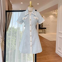 HIGH STREET New Fashion 2019Designer Runway Dress Women's Short Sleeve Color Block Buttons Shirt Dress - Цвет: Небесно-голубой