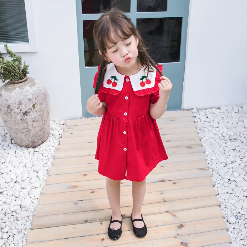 2019 Crianças Roupas Meninas Coreanas Vestido Navy Vento Lapela Vestido Cereja
