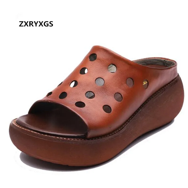 ZXRYXGS/брендовые босоножки; шлепанцы на платформе; открытая обувь; Новинка года; женские босоножки из натуральной кожи на полой подошве; женские сандалии-шлепанцы на танкетке