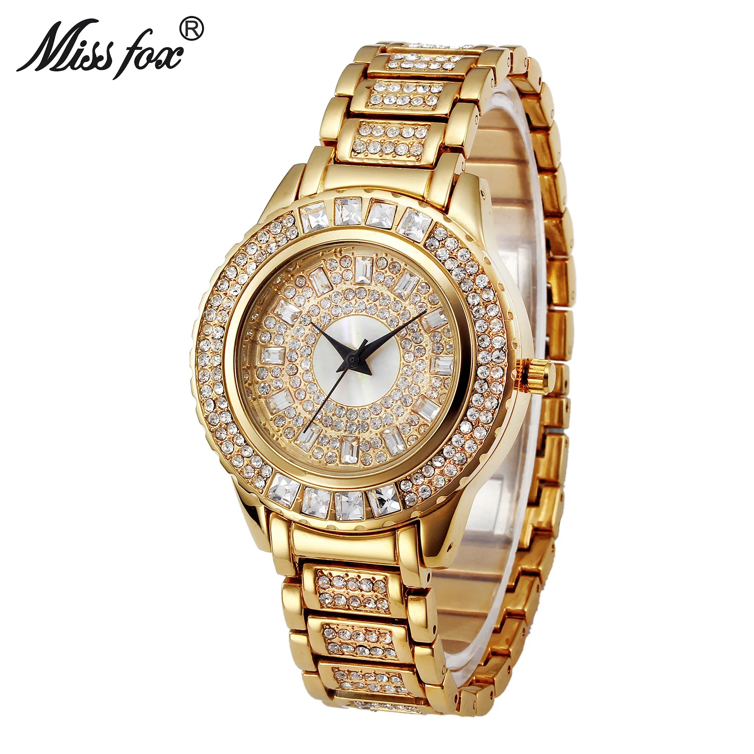 Miss Fox Brand Luxury Womens Dress Watch Full Diamond Rhinestone Stainless Steel Gold Quartz Female Wristwatch Relogios Feminino miss fox luxury women quartz watch fashion roman numerals casual watches full diamond rhinestone wristwatch genuine relogios new