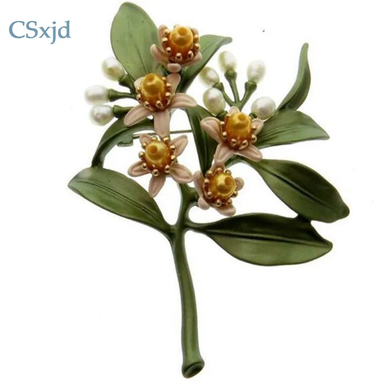

CSxjd Vintage Gold & white color Natural Pearls brooch Green that bake Paint Orange flower brooch scarves buckle Accessories