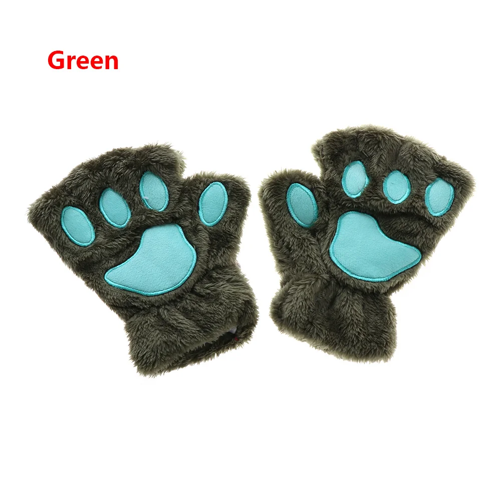 Новинка, 1 пара зимних теплых перчаток, женские перчатки без пальцев, пушистый медведь, кошка, плюшевая лапа, половина пальцев, косплей - Цвет: green