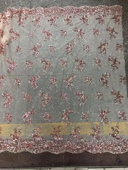 

French Net Lace Fabric 2018 african guipure lace fabric with embroidery mesh tulle light pink gold cord Sequins lace fabric