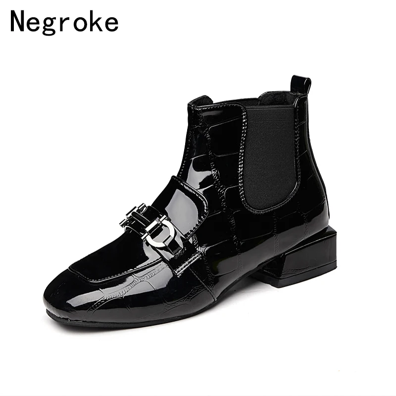 

2019 Fashion Ankle Boots For Women Black Shiny PU Leather Rubber Botines Footwear Female Square Low Heel Shoes Zapatos Mujer