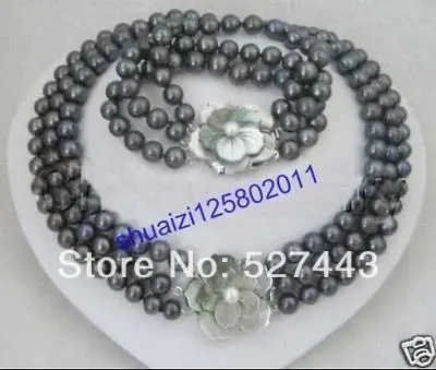 

Wholesale free shipping >>set 3row 7-8m black tahitian pearl necklace+shell clasp