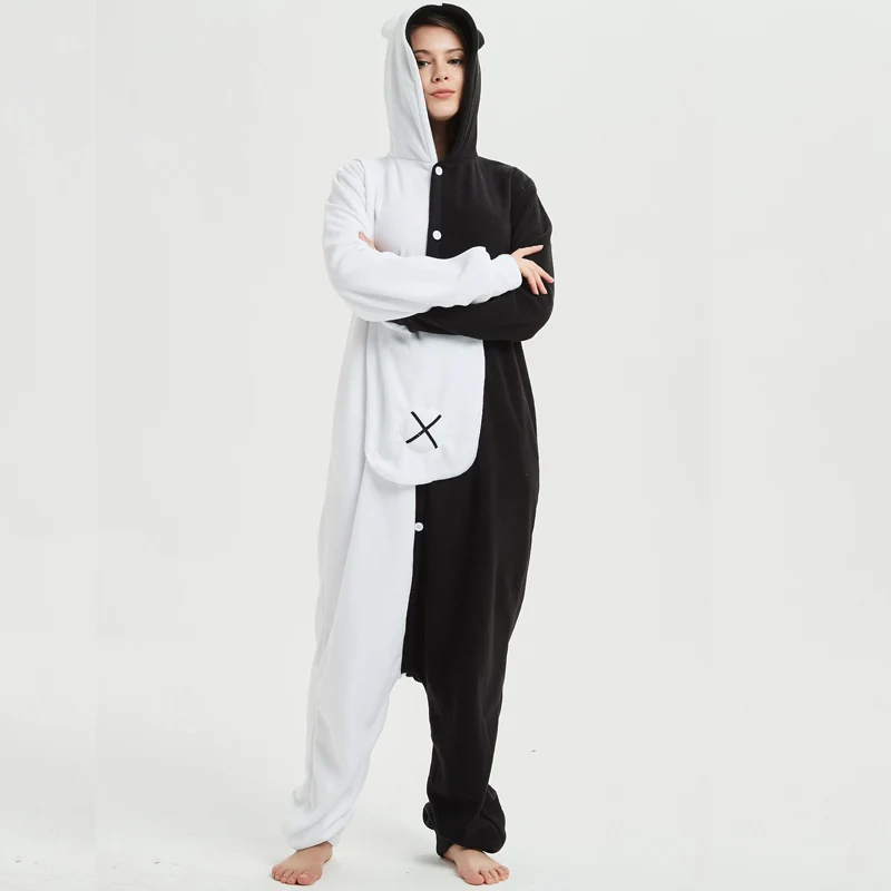 Cartoon Black White Bear Kigurumi Fleece Onesie Cosplay For Women Pajamas Halloween Carnival Masquerade Party Jumpsuit Sleepwear (4)