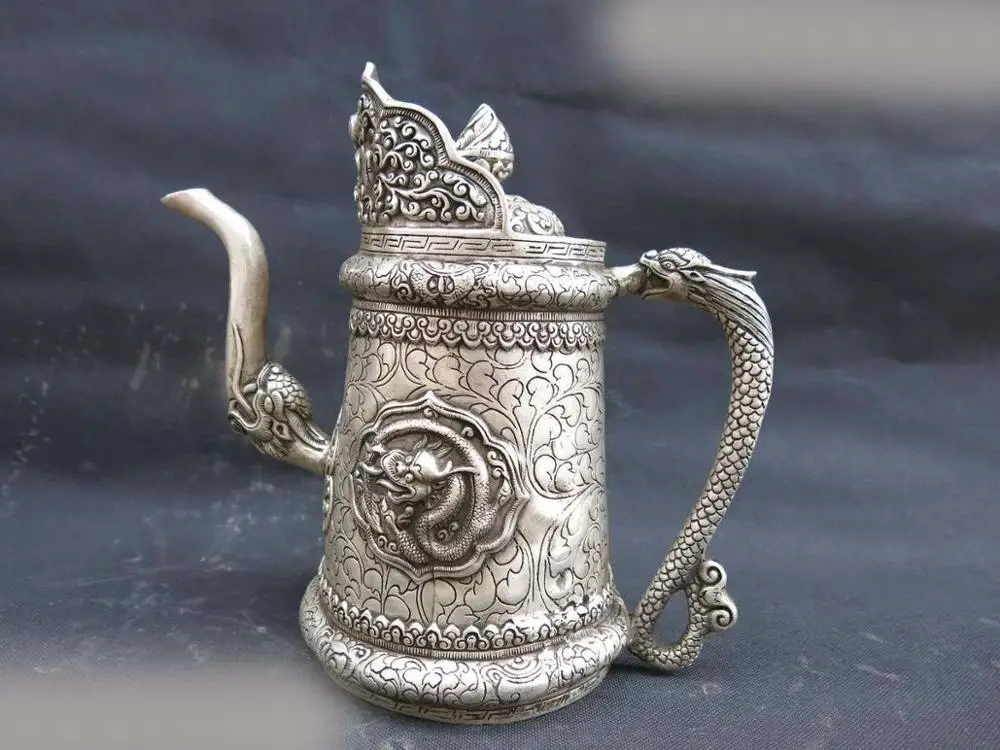 

10" China silver carved dragon buttered tea Teapot Sculpture Statue