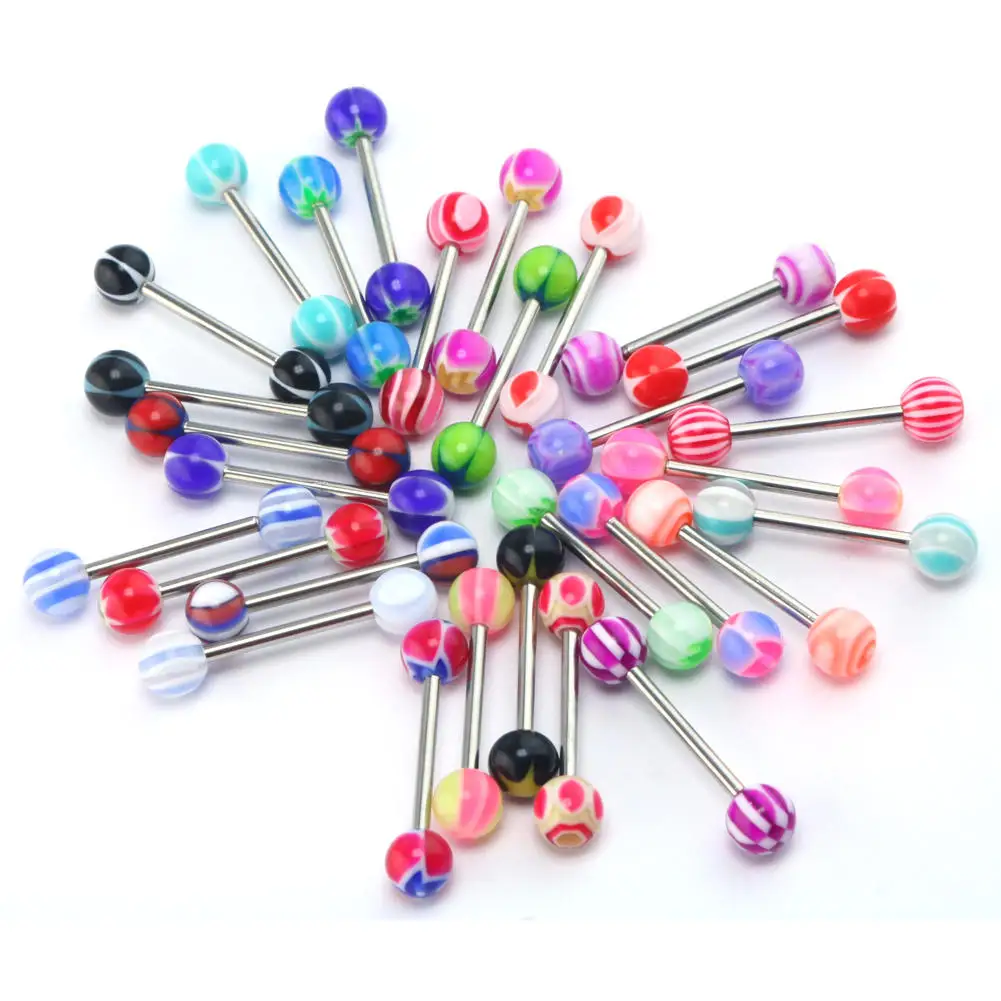

2017 Hot 30pcs/Lot Mixed Color Fashion Stainless Steel Tongue Bar Rings Ball Barbell Women Body Piercing Jewelry Gift