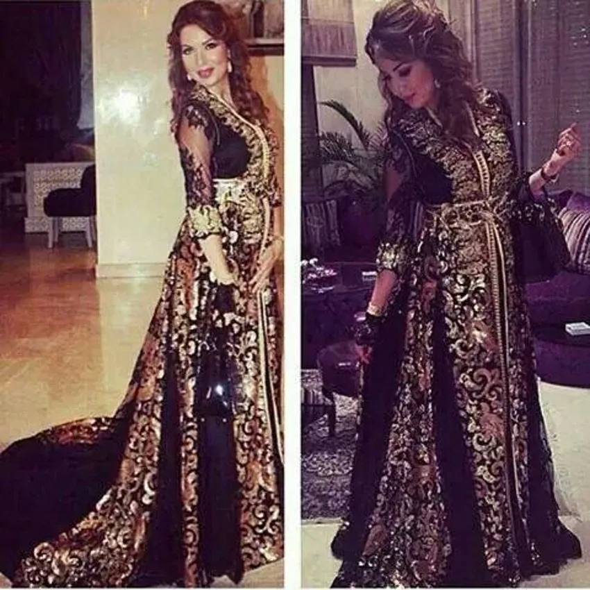 Black Dubai Caftan Evening Dress gold lace appliques prom