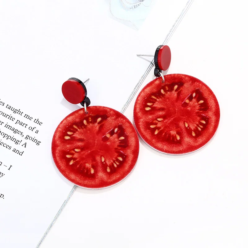 Tomato XIYANIKE акриловые серьги для женщин Арбуз Лимон, клубника лето Подсолнух киви помидор преувеличенные серьги-Вишенки - Окраска металла: Tomato