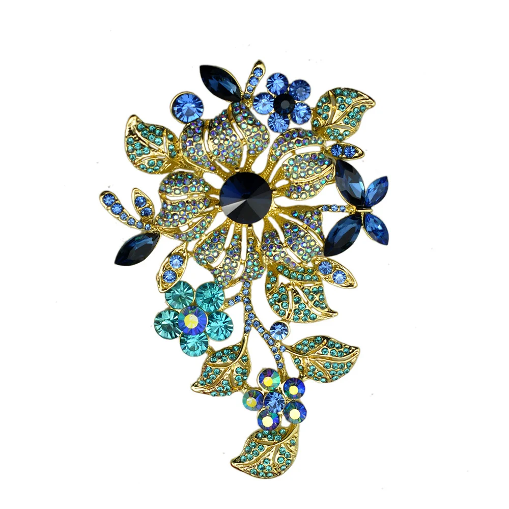 High end alloy rhinestone brooch export sky blue flower brooches accessories wholesale