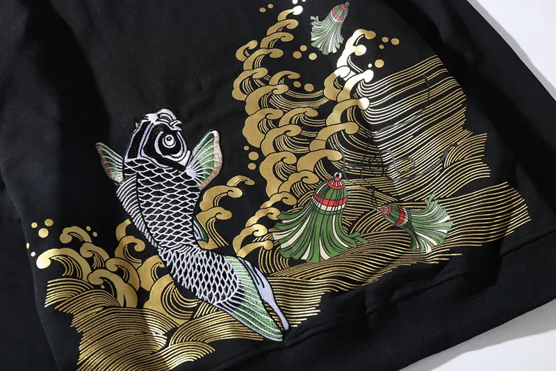 Embroidery Carp Fish Waves Printed Hoodies 8