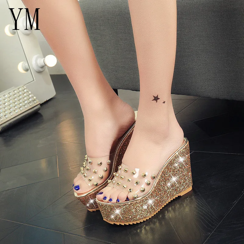 019 Sexy PVC Women Wedge Heel Heels Platform Sandals Summer Slippers Thick Heel Slippers Slides Ladies Shoes Zapatos Mujer 35-39