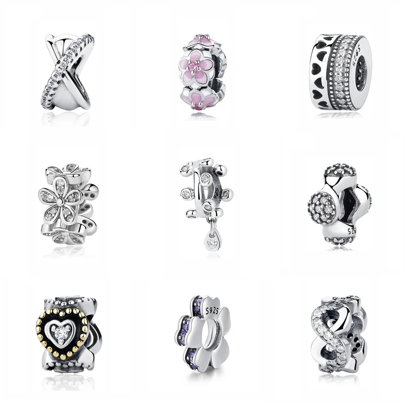

Original 100% 925 Sterling Silver Charm Bead Flower Love Hearts Spacer Charms Rose Gold Fit Bracelets Women DIY Jewelry
