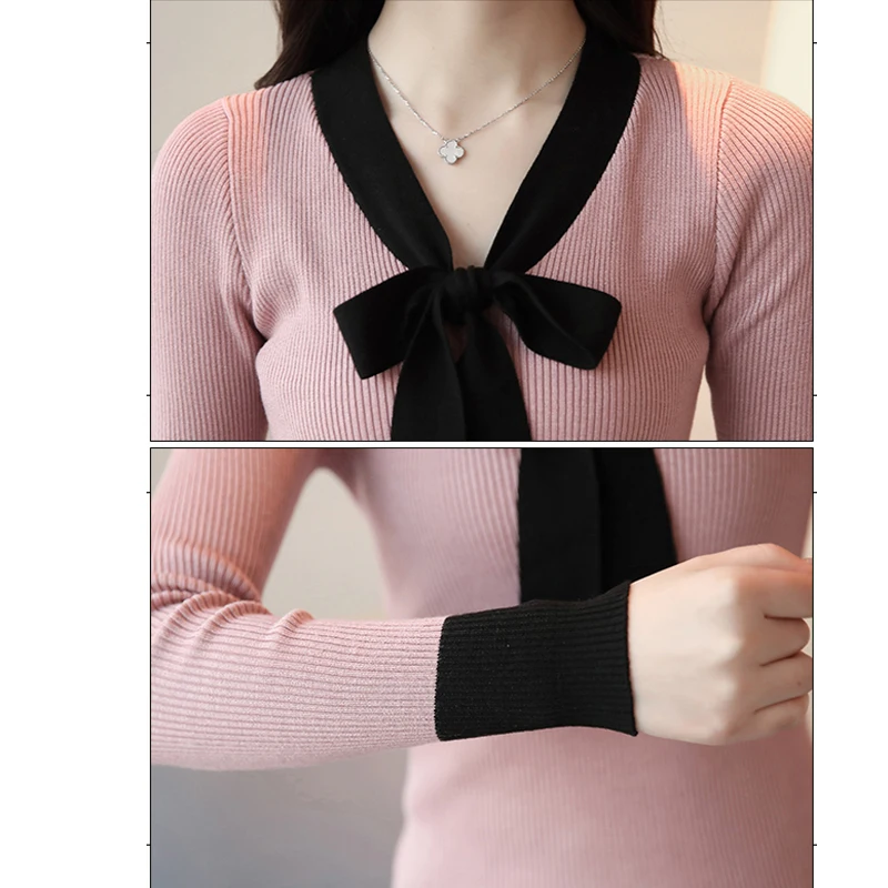 Women Slim black Bow Tie Winter Knitted Sweater V-Neck Crop Sexy Sweaters and Pullovers Lantern Sleeve All-Match Black 637J Women Slim black Bow Tie Winter Knitted Sweater V-Neck Crop Sexy Sweaters and Pullovers Lantern Sleeve All-Match Black 637J
