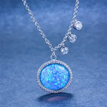 

Luxury Female Round Pendant Necklace Fashion Silver Color Necklaces For Women Boho Blue White Fire Opal Stone Necklace