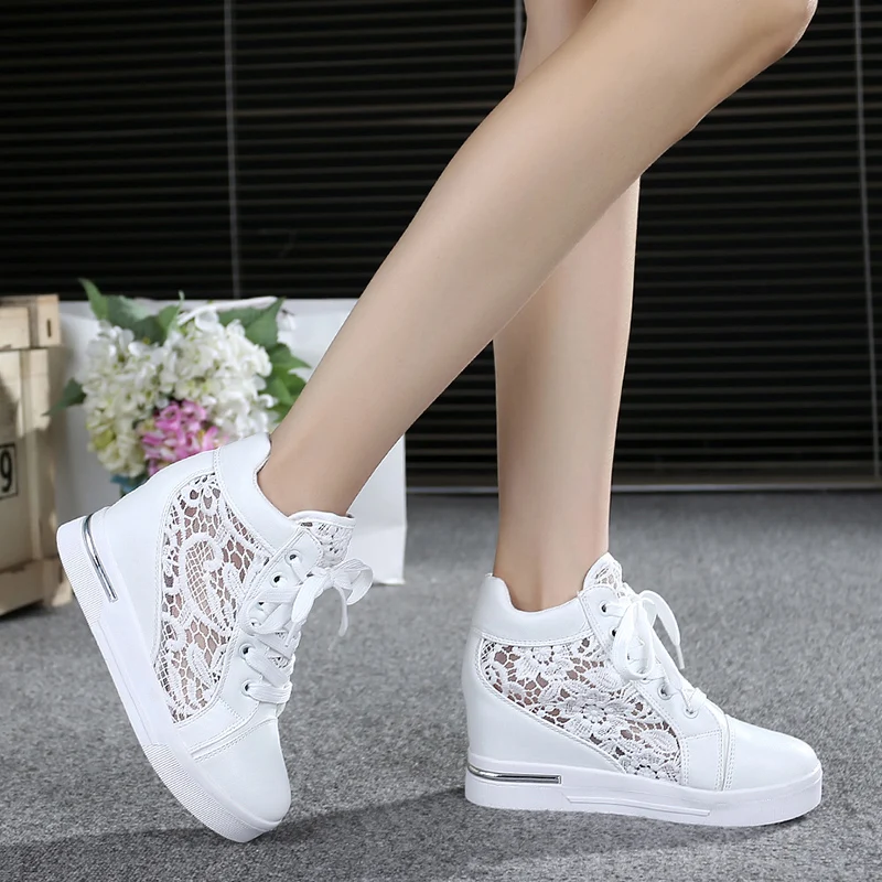 Women's Round Toe Mesh Lace Up Wedge Platform  Hollow Sneakers Casual Shoes