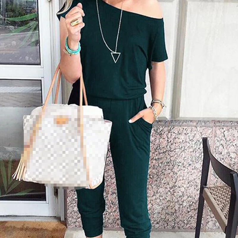 Spring Summer Fashion Multicolor Oblique Women Temperament Slim Short Sleeved Jumpsuit Female Rompers Jumpsuit Maternity Clothes - Цвет: green