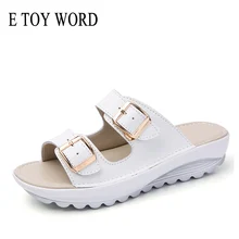 E TOY WORD summer woman slippers buckle real leather slides shoes solid Heels Beach Sandals Women Outside flip flops thick sole