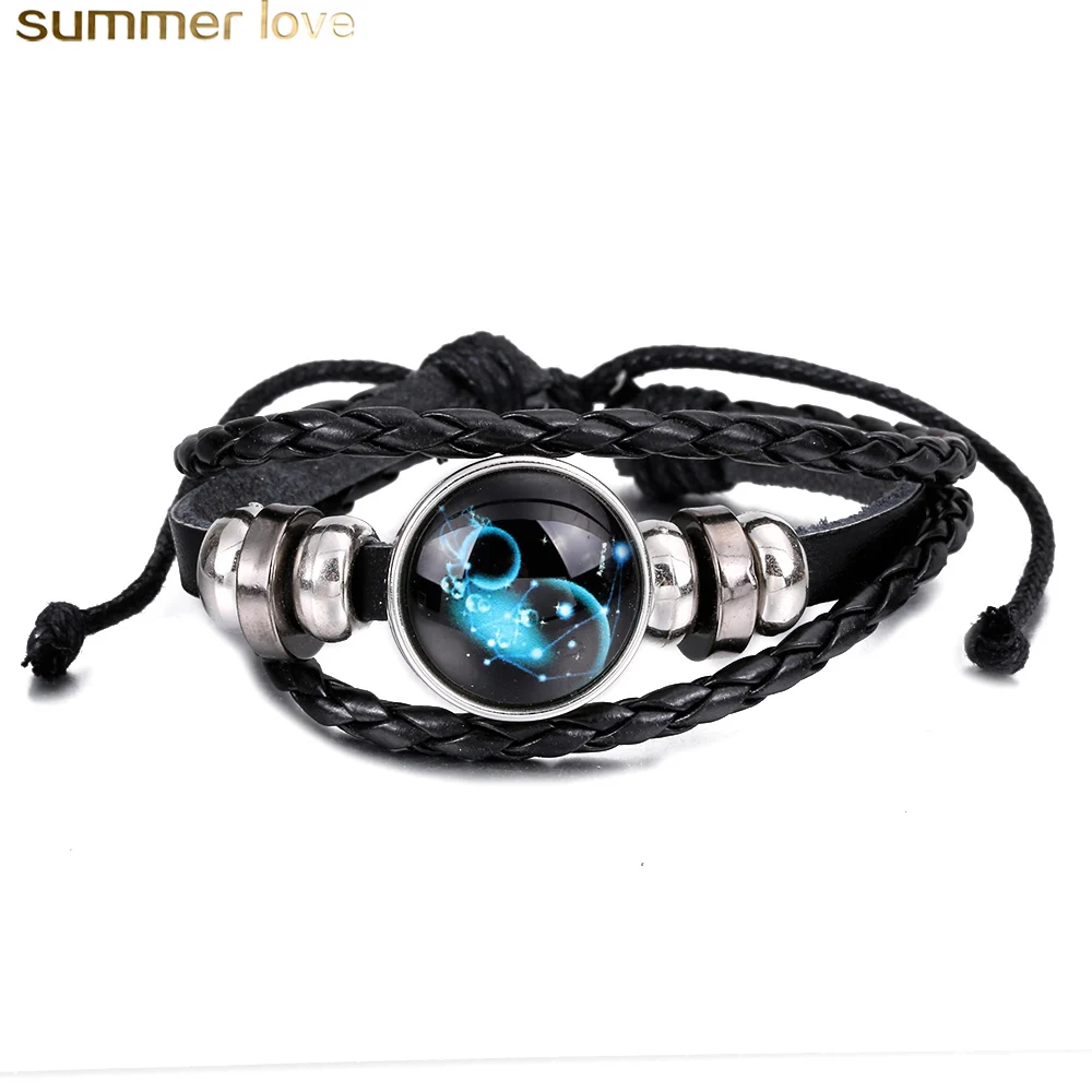 

New Trendy 12 Constellations Bracelet Punk Black Multilayer Leather Zodiac Bracelets Alloy Bead Charm Jewelry For Men Women