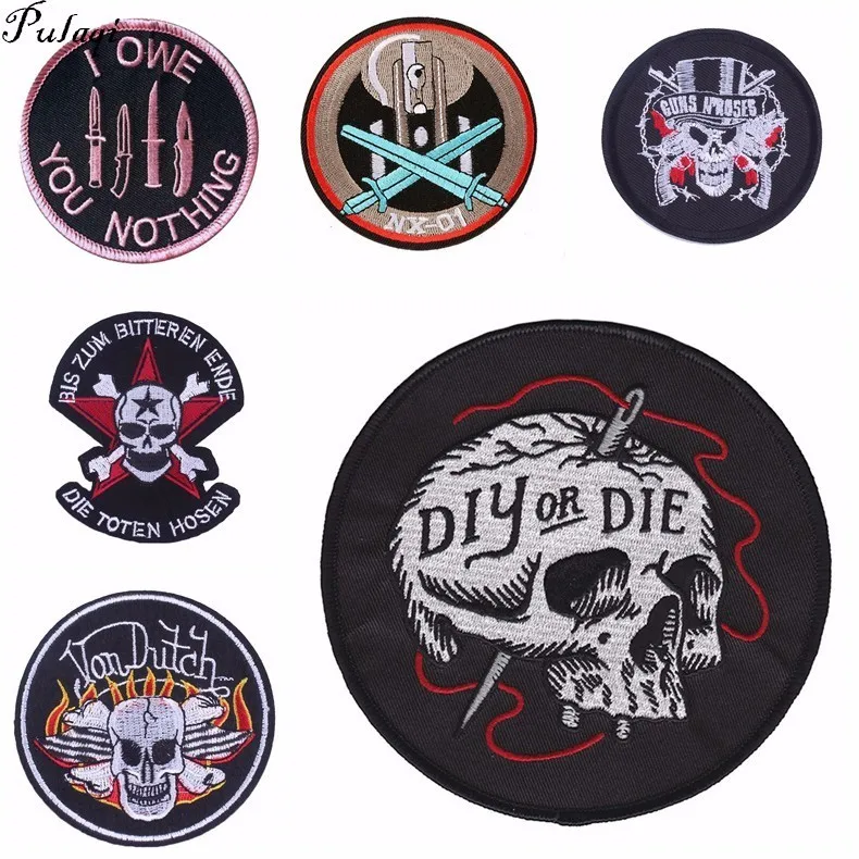 

Pulaqi Embroidered Sewing Morale Badge Iron On Punk Skull Patches For Clothing Iron On Sticker DIY Tactical Military Appliques H