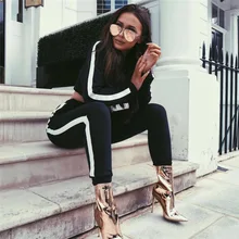 Tracksuit Women 2018 Fashion New Female Sweat suits Crop Top and Pants 2 Piece Set Striped Long Sleeve Hooded Sport Suit Women