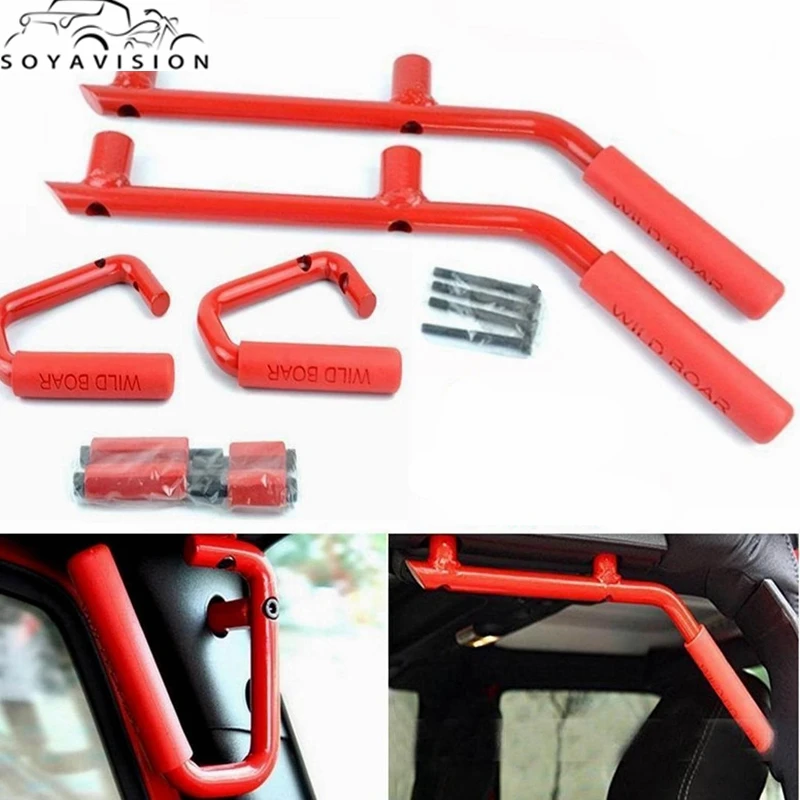 

For Jeep Wrangler Accessories Front & Rear Red Solid Steel Grab Handle for 2007 - 2017 Jeep Wrangler 4-Door Black Grab Bar