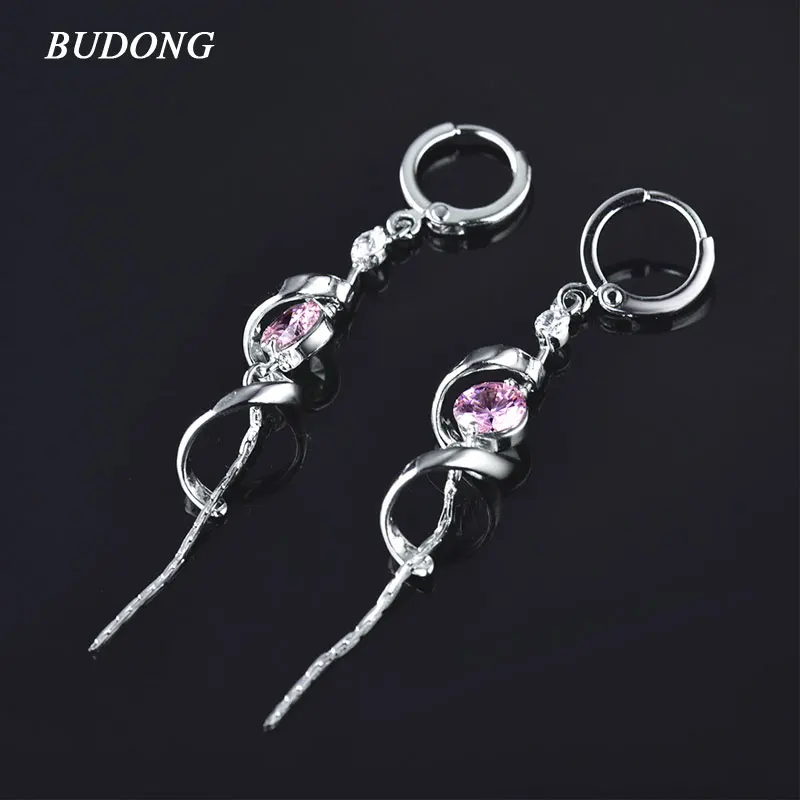

BUDONG Fashion Twisted Long Drop Dangle Earring for Women Silver color Pink Crystal CZ Tassel Wedding Jewelry E043