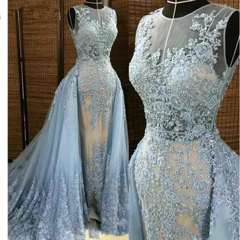 

Sky Blue Evening Dresses 2019 Mermaid Tulle Lace Pearls Detachable Elegant Islamic Dubai Kaftan Saudi Arabic Long Evening Gown
