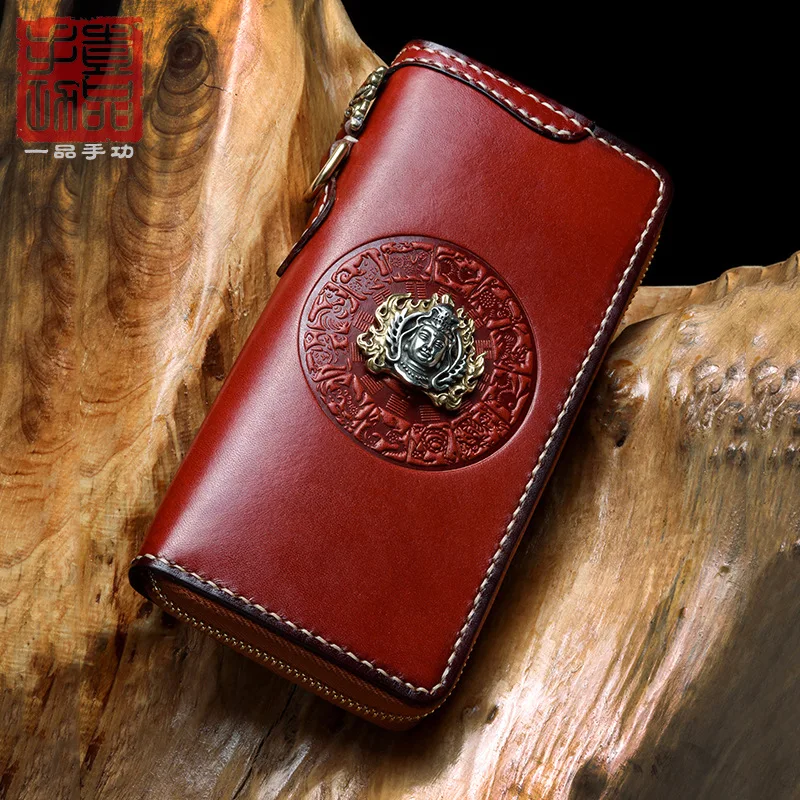 

Unisex original new handmade first layer cowhide zipper large capacity wallet Retro ethnic style Buddha head gossip personality