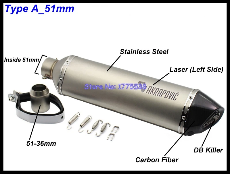 PHULEOVEO lado izquierdo ID: 51mm/61mm L: 570mm moto Akrapovic silenciador de Escape de la motocicleta silenciador Escape Damper DB Killer