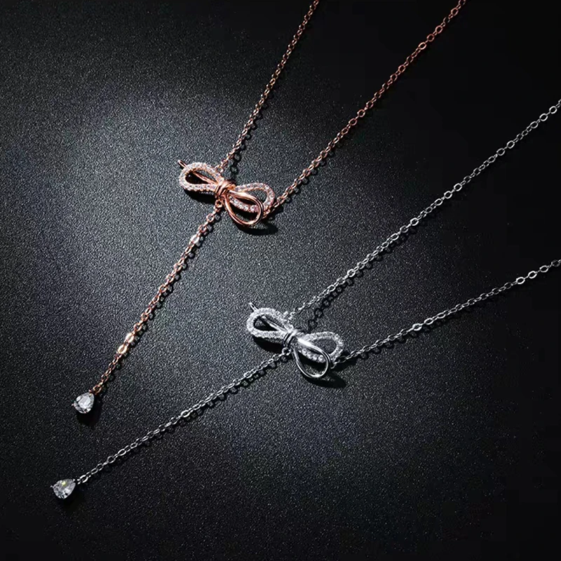 

SINLEERY Sweet Dazzling Drop Crystal Long Pendant Necklace Rose Gold Color Solid Bow Choker Chain Custom Jewelry CZ016 SSG