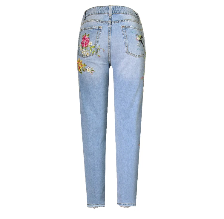 2017 Europe and the United States women's 3D three-dimensional heavy craft bird flowers front and rear side embroidery high waist straight irregular wear jeans (11)