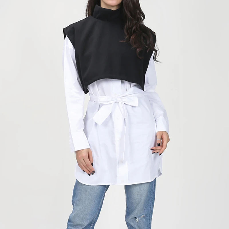 Women brand Long Shirt Fashion Two piece Spliced Shirt Dress With Sash