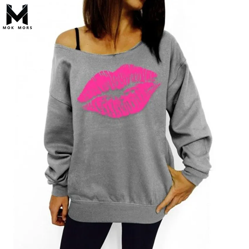 Women's New Slant Shoulder Sexy Lip Print Long Sleeve Women Hoodies Fashion Brand Casual Loose High Quality Womens Hoodies