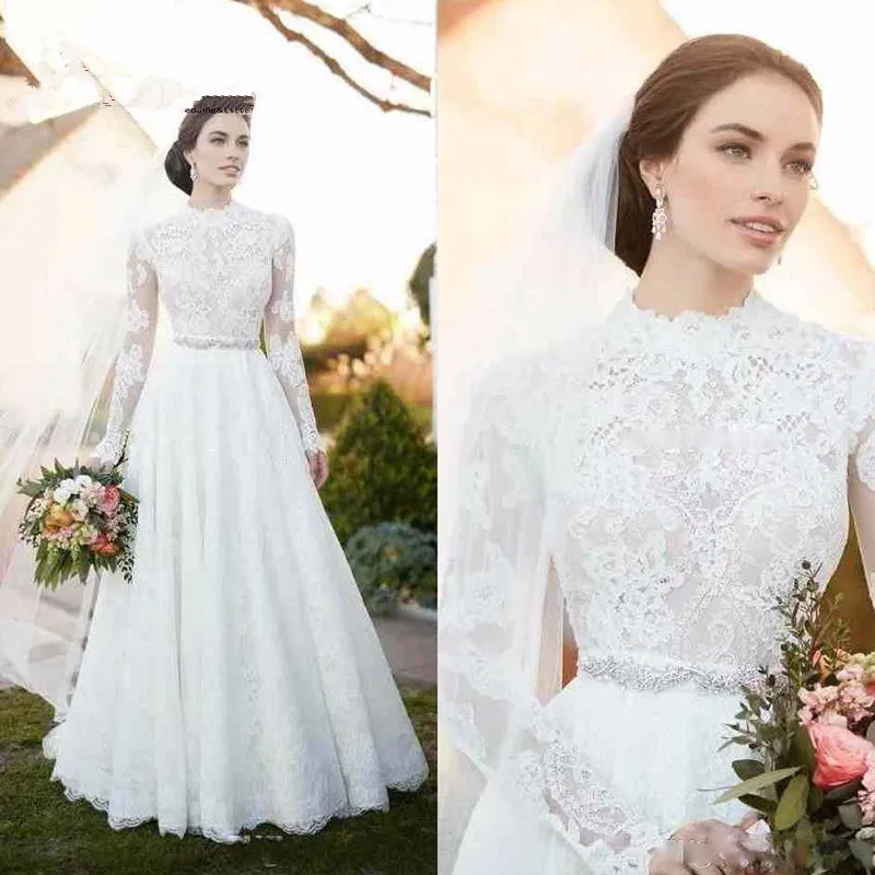 2017 Vintage Country Wedding Dresses Lace High Neck Applique Illusion Long Sleeve Wedding Dresses Beaded Sash A Line Bridal gown