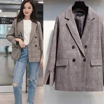 

Korea Retro Plaid Double Breasted Slim Small Suit Short paragraph Korean Casual Suit Jacket Women 2020 Spring