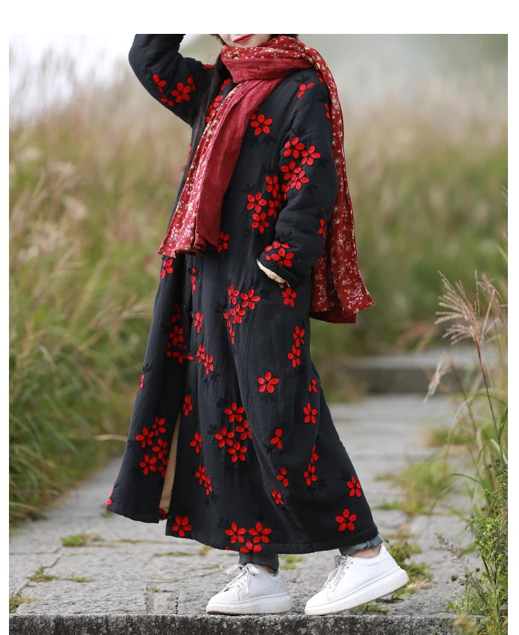 LZJN Women's Chinese-Style Floral Embroidered Trench Coat, Maxi Loose Overcoat, Windproof Fleece Jacket, for Autumn and Winter