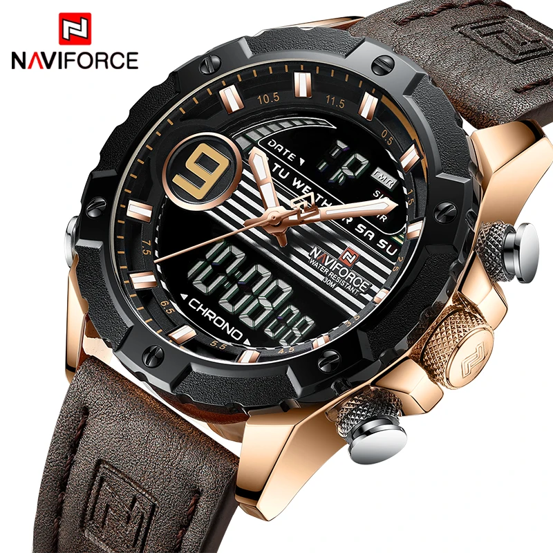 Топ Элитный бренд NAVIFORCE Для мужчин спортивные часы Для мужчин кварцевые цифровые часы мужские модные кожаные Водонепроницаемый часы Relogio Masculino