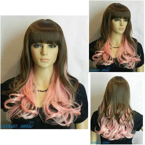 WBY good Dark brown + Pink Mixed Long Wavy Cosplay Anime party Synthetic Wig s2456 |