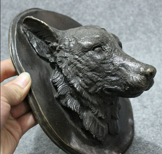 

bi003386 9" Old China Bronze Folk Animals FengShui Wealth Wolfhound Wolf Dog Head Statue