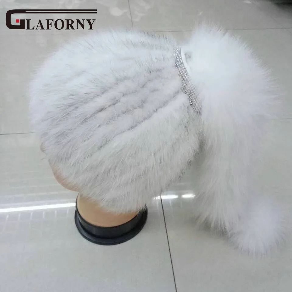 Glaforny Новые Вязаные норковые меховые шапки с серебристыми лисьими меховыми волосками сзади женские модные бейсболки с бриллиантами модные крутые шапки из натурального меха