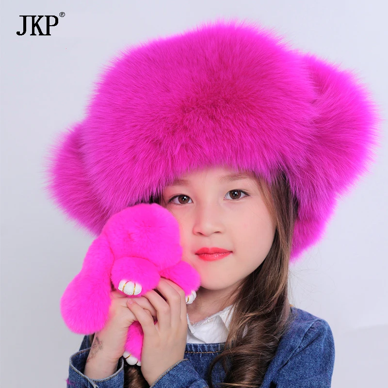 2018 New Russia fur hat Winter Boy Girl Real Fox Fur Hat Parent-child Children Earmuff warm kids Ear fox cap | Детская одежда и
